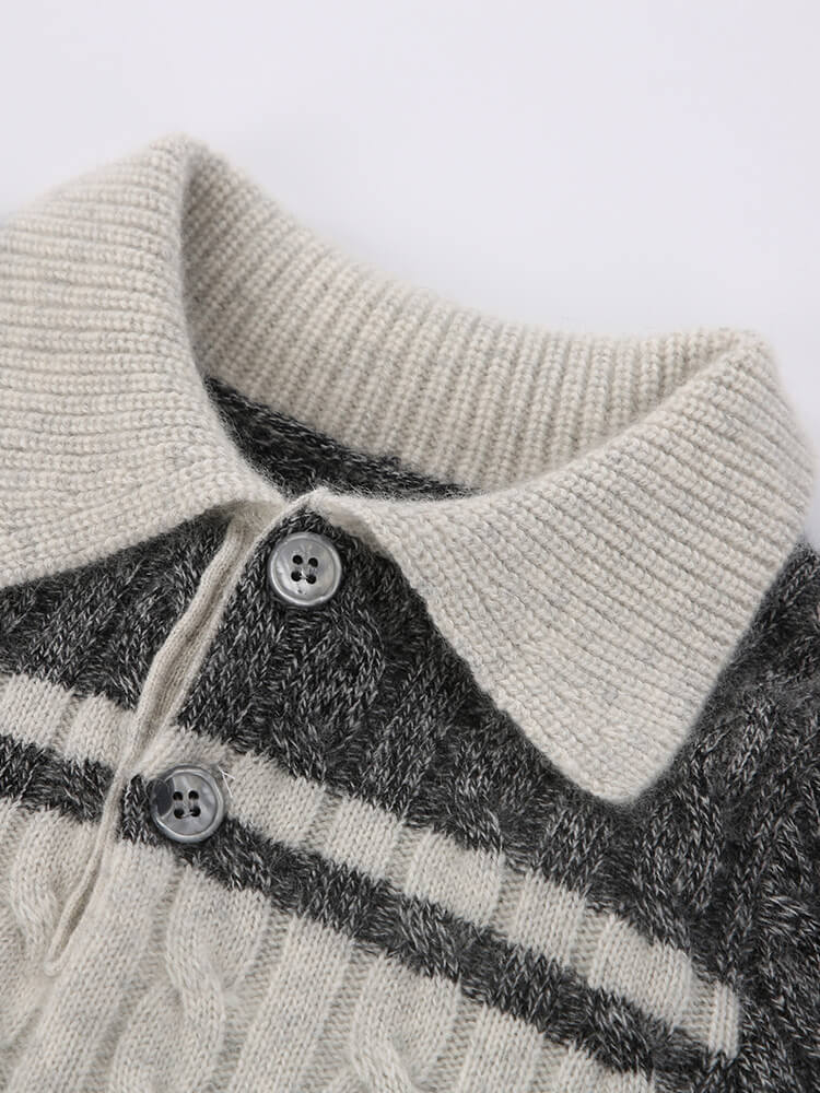 Cable Knit Cashmere Button Collar Sweater with Contrast Sleeves